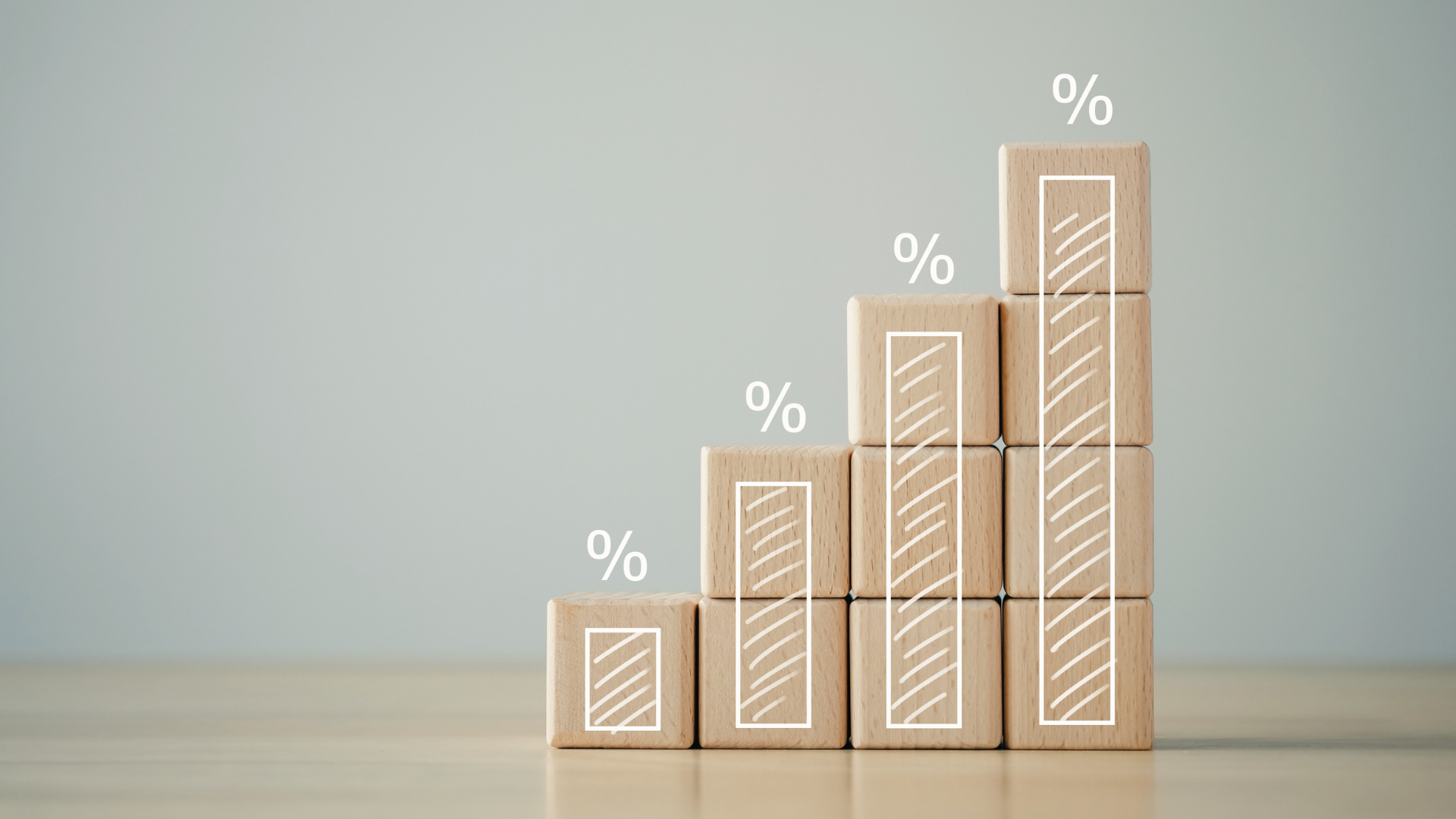 blocchi in legno posizionati in ordine crescente, con il simbolo del percentuale in crescita